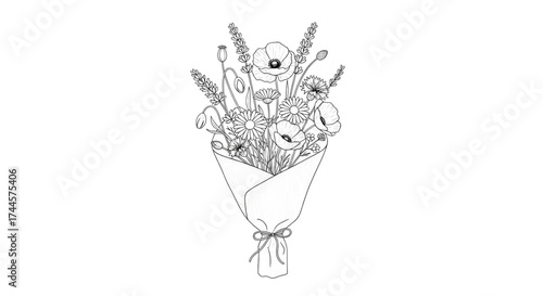 Wildflower bouquet in kraft paper wrap delicate black and white floral line art illustration