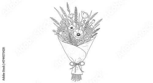 Wildflower bouquet in kraft paper wrap delicate black and white floral line art illustration