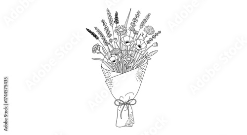Wildflower bouquet in kraft paper wrap delicate black and white floral line art illustration