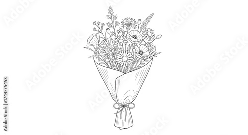 Wildflower bouquet in kraft paper wrap delicate black and white floral line art illustration