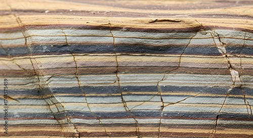 Abstract geological layered rock formation with colorful banded texture, and closeup nature detail.