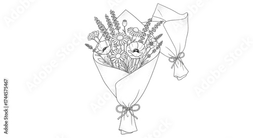 Wildflower bouquet in kraft paper wrap delicate black and white floral line art illustration