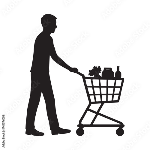 Man pushing shopping cart filled with groceries in silhouette illustration on white background representing consumerism and shopping trip for food and beverages concept