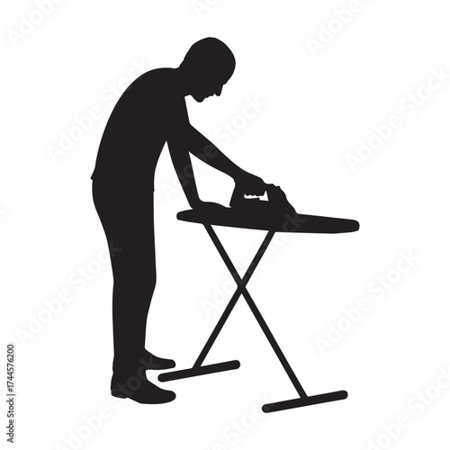 Silhouette of a Man Ironing Clothes on an Ironing Board at Home Depicting Domestic Chores and Routine Task with a Modern Iron and Clean Background