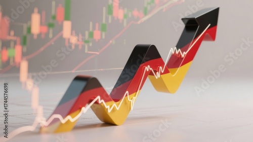 German flag transforming into rising stock chart line, recession recovery and digital progress