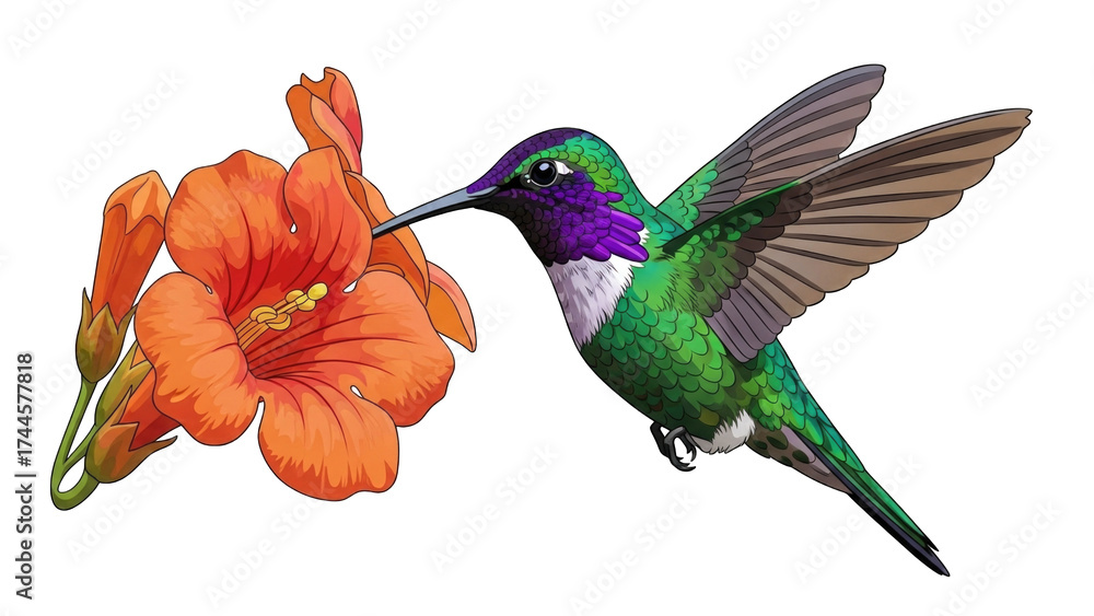 Obraz premium Colorful hummingbird feeding on vibrant orange flower (2)