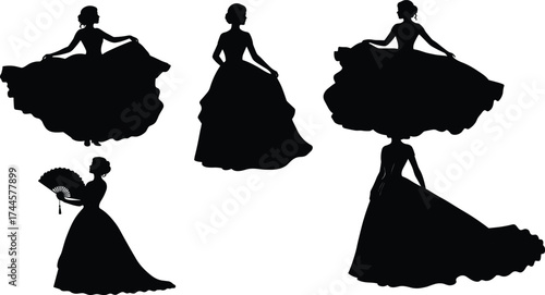 Ball gown silhouette set, elegant fashion pose, dramatic dress sketch, formal wear illustration, black figure design, vintage style concept art