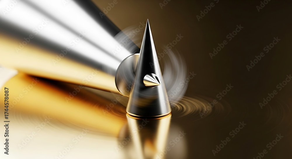 © Elginstock - Abstract Metal Cone Spinning on Golden Reflective Surface Modern Design.