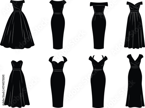 Black evening gown vector set, fashion illustration, stylish dress silhouettes, neckline and sleeve variations, formal wear design, elegant, couture, chic