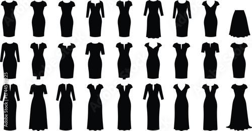 Dress silhouette icon set, women’s fashion styles, sleeve and neckline variations, black design, minimal illustration, clothing pattern reference