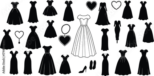 Dress silhouette collection, fashion icon set, black and white style, accessory illustration, high heel sketch, elegant outfit design