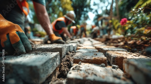 Skilled Workers Laying Bricks for Pathway in Scenic Garden Environment