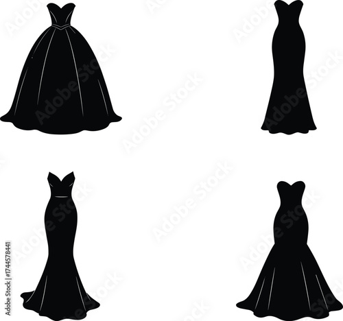 Elegant evening gown silhouettes, black dress vector set, fashion illustration, formal wear design, stylish outfit collection, bridal, prom, couture