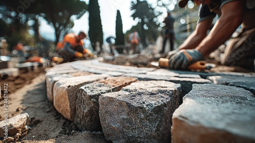 Laborers Installing Stone Pathway in a Scenic Outdoor Setting with Natural Light