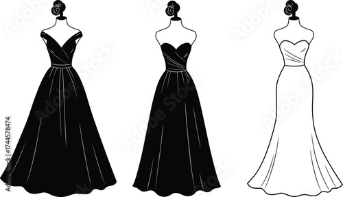 Elegant evening gown vector set, strapless dress illustration, black formal wear, fashion mannequin design, flared skirt silhouette, bridal, couture, chic