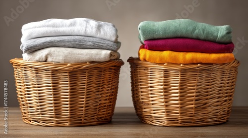 Neatly Stacked Clothes in Wicker Baskets for Home Organization and Decor