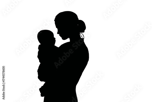Silhouette of a mother cradling her baby, conveying a strong sense of love and tenderness. Concept for motherhood illustration, pediatric care promotion and family health campaign