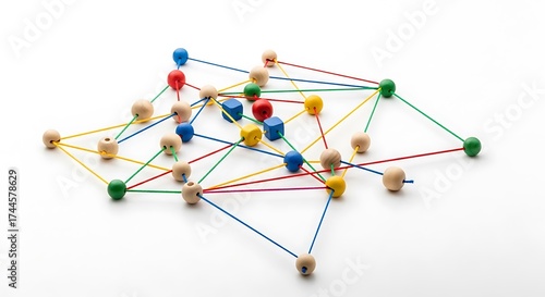 Abstract network of colorful wooden beads and strings with connected on white background.