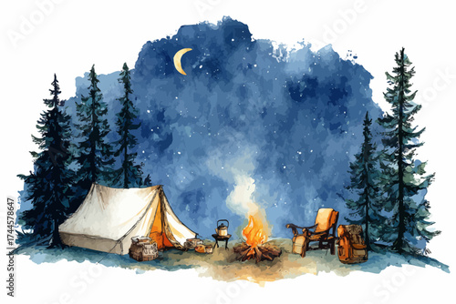 Watercolor painting depicts a campsite with a tent, campfire, and starry night sky, forest, moon. Concept for outdoor adventure, travel illustration and nature tourism promotion