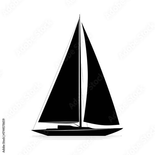 Sleek black silhouette of a sailboat with its sails fully deployed against a plain white background, concept for nautical symbol, maritime illustration and transportation icon