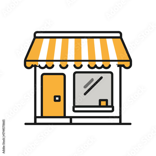 Minimalist vector illustration of a small shop with striped awning and closed yellow door. Concept for local business promotion, retail design and shopfront branding