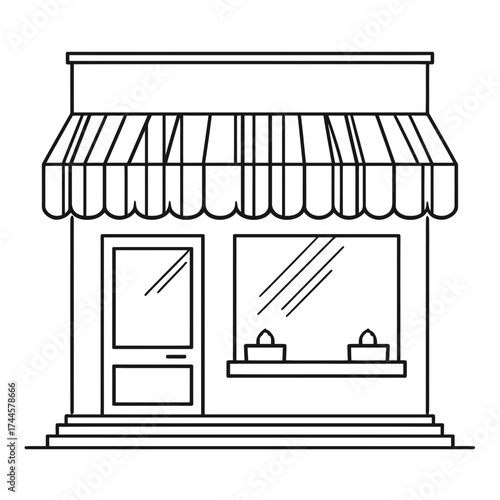 Outline illustration of a store front with striped awning and window display featuring two small items. Concept for local business promotion, shop signage, and retail advertising visuals