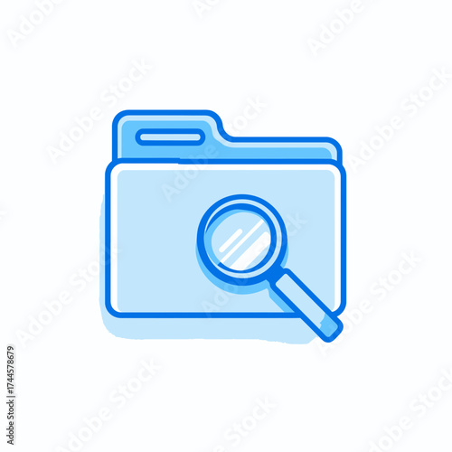 Blue vector illustration of a folder icon being examined with a magnifying glass, concept for data analysis, file management and document inspection