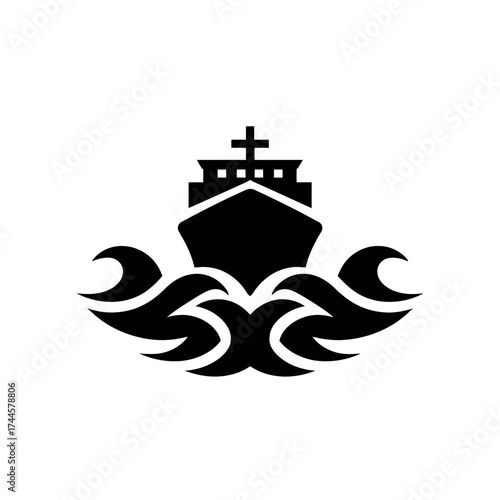 Silhouette of a black tanker ship sailing on stylized waves, showcasing maritime transport. Concept for cargo industry, naval applications and international trade