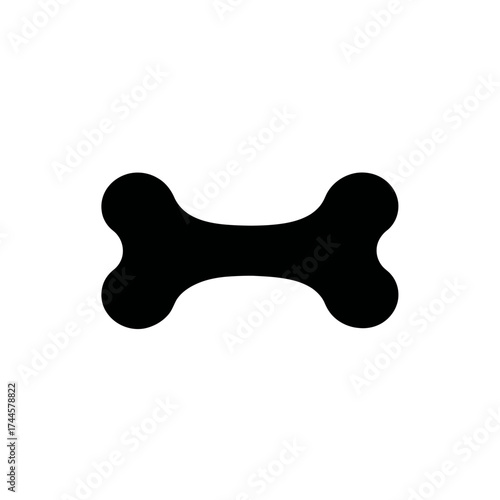 Simple black silhouette of a dog bone on a clean white backdrop, concept for pet food packaging, veterinary clinic branding and animal product advertisements