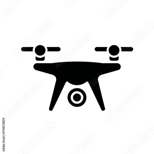 Isolated black silhouette of a drone with propellers and a camera facing forward on a white background, concept for surveillance, photography and aerial views