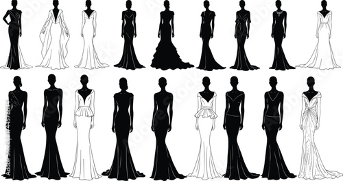 Evening gown fashion silhouettes, elegant dress styles, black and white illustration, formal wear design, minimal fashion icon set