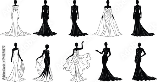 Evening gown illustration set, formal dress design, black and white fashion sketch, elegant silhouette concept, neckline and drape variation