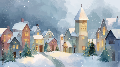 Watercolor painting of a snow-covered village with houses, trees, and snow falling gently in winter, concept for Christmas cards, winter holiday illustrations and festive backgrounds