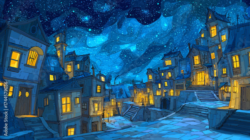Fantasy town illustration at night with starry sky and glowing windows, concept for fairytale illustration, children's book design and background artwork