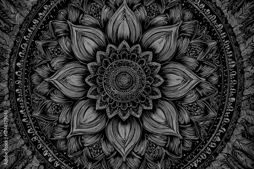Intricate monochrome floral mandala art with detailed linework and swirling patterns, concept for spiritual background, meditation guide, and decorative textile design