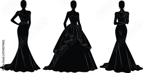 Evening gown silhouette set, elegant fashion pose, formal dress sketch, off-shoulder and strapless design, graceful figure illustration, style concept