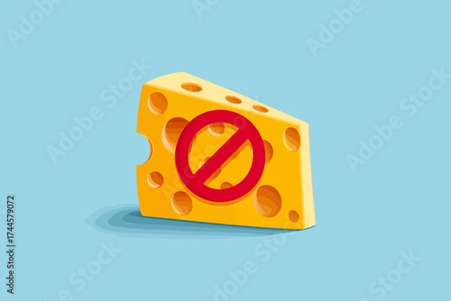 Cartoon wedge of Swiss cheese with a red prohibition symbol indicating a food allergy or intolerance, concept for lactose intolerance awareness, dietary restrictions, and allergen information