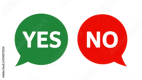 Two speech bubbles one green with the word yes and one red with the word no 