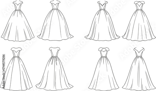 Formal dress line art, elegant gown sketch, fashion illustration, neckline and sleeve variation, floor-length style design, classic outfit concept