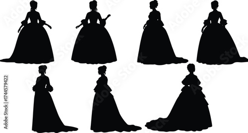 Historical dress silhouettes, vintage fashion sketch, elegant costume design, 18th century gown art, black figure illustration, retro style concept