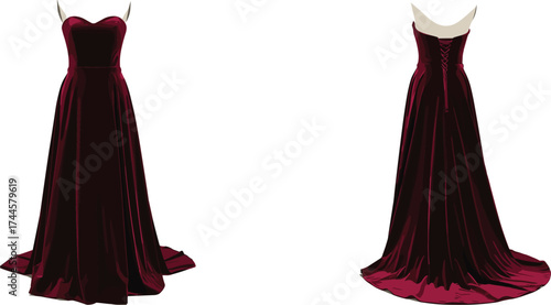Strapless evening gown illustration, burgundy formal dress, front and back view, sweetheart neckline, lace-up back, elegant fashion vector