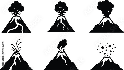 Volcano eruption icon set, black and white vector, natural disaster illustration, lava flow, ash cloud, pyroclastic activity, geology graphic