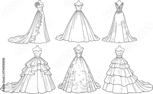 Wedding dress illustration set, bridal gown design, lace and ruffle detail, sweetheart neckline sketch, elegant fashion concept, formalwear art