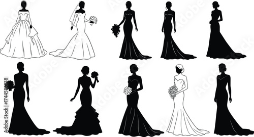 Wedding dress silhouette set, bridal fashion illustration, bouquet and veil design, elegant gown sketch, romantic outfit concept, style variation