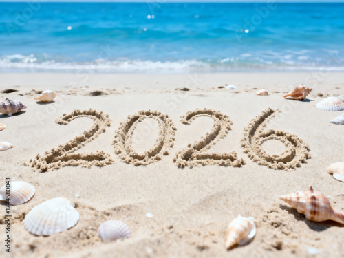 2026 written in sand on a beach, with some shells and blue sea,2026 celebration with ocean waves gently lapping shore, golden sands, and bright blue sea