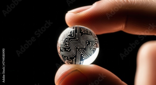 Fingers holding a translucent sphere with an intricate electronic circuit board pattern
