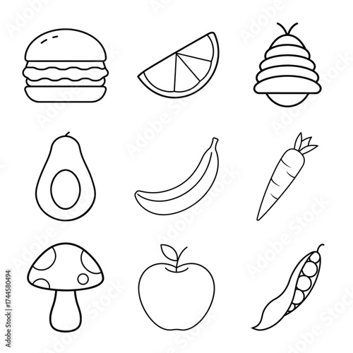 Simple Outline Food Icons Set, Hamburger, Fruits, Vegetables, Beehive, Mushroom, Avocado, Pea