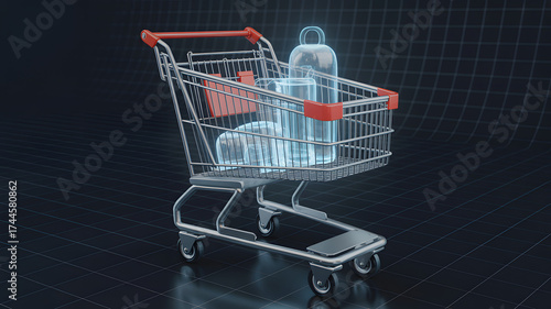 Conceptual shopping cart filled with laboratory glassware, perfect for science, research, or education marketing campaigns needing a modern, clean aesthetic