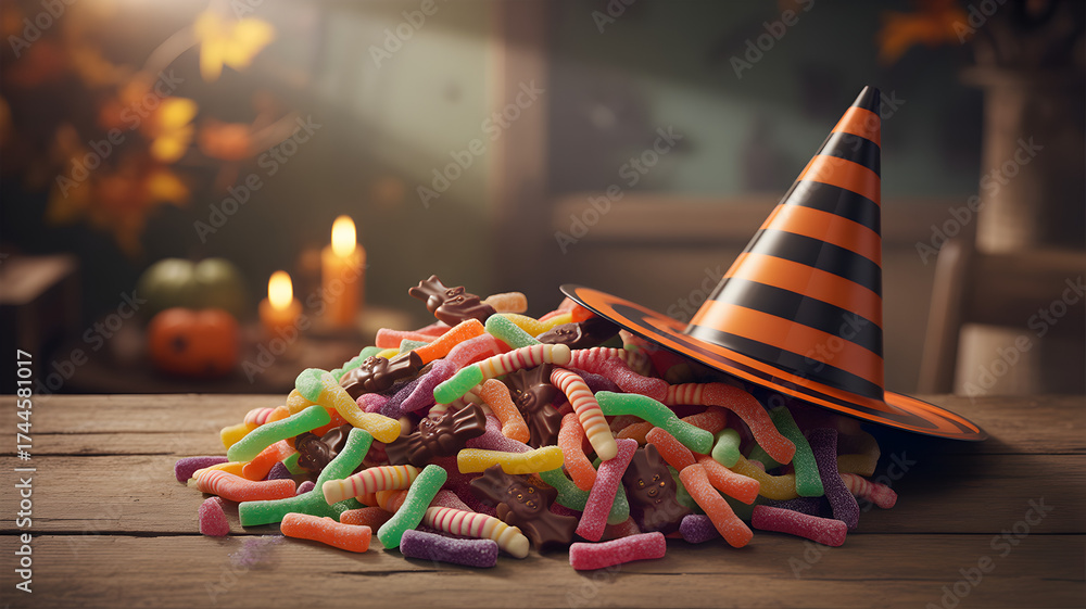 Fototapeta premium A pile of colorful gummy worm candies spills out from under a striped witchs hat on a wooden table, with blurred autumn decorations in the background, perfect for halloween treats