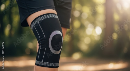 Mountain biker wearing protective knee pads in a forest setting